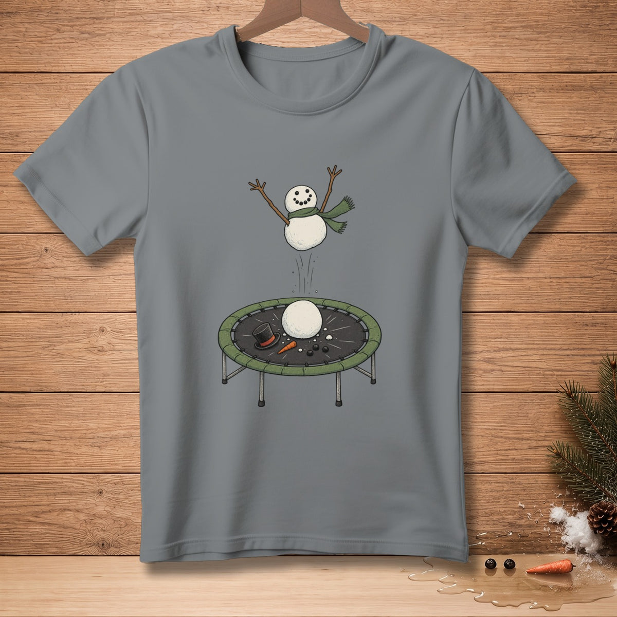 Snowman with scarf jumping on trampoline with hat, carrot, and snowballs.