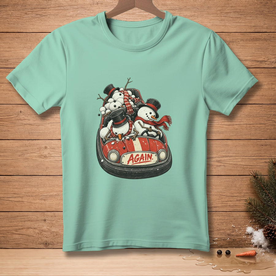 Snowmen wearing hats and scarves ride in a red car with the word "AGAIN".