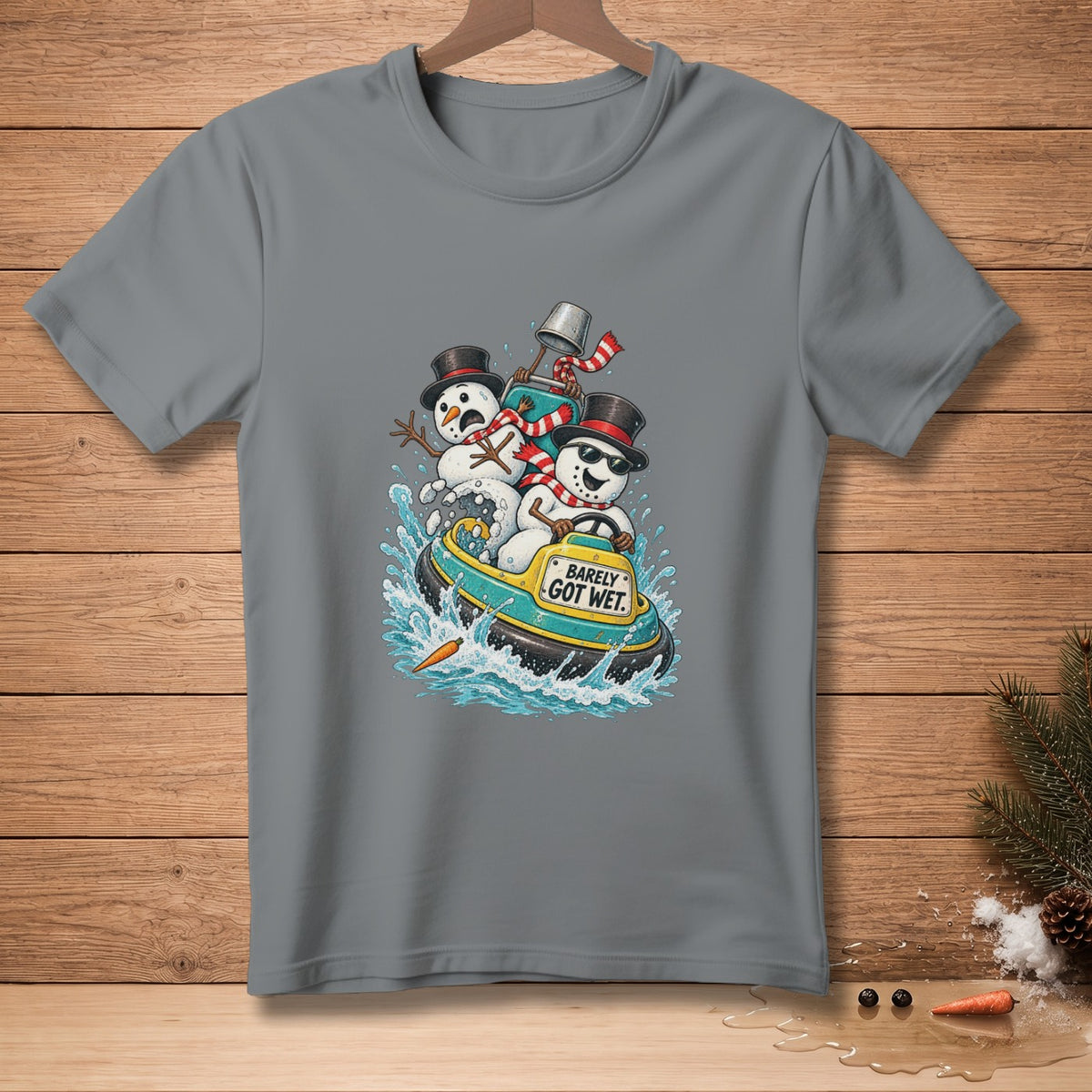 Snowmen on a jet ski with the text "Barely Got Wet."