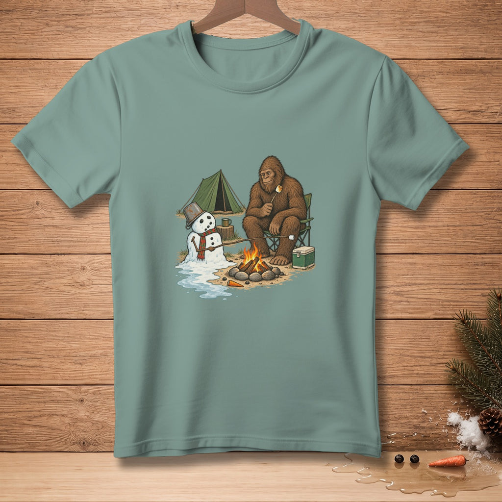Bigfoot and melting snowman camping by a campfire.