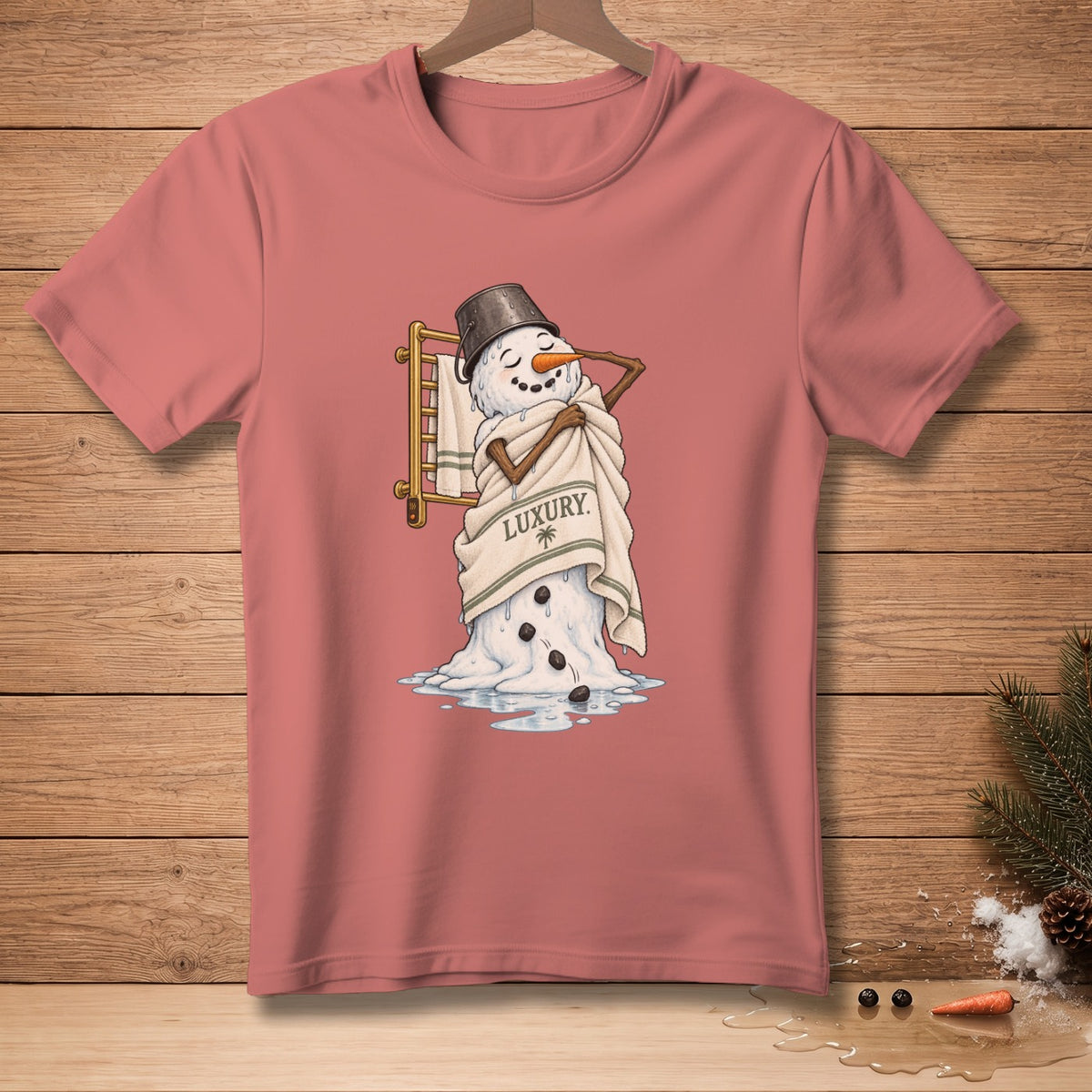 Snowman with bucket hat wrapped in towel with "LUXURY" text.