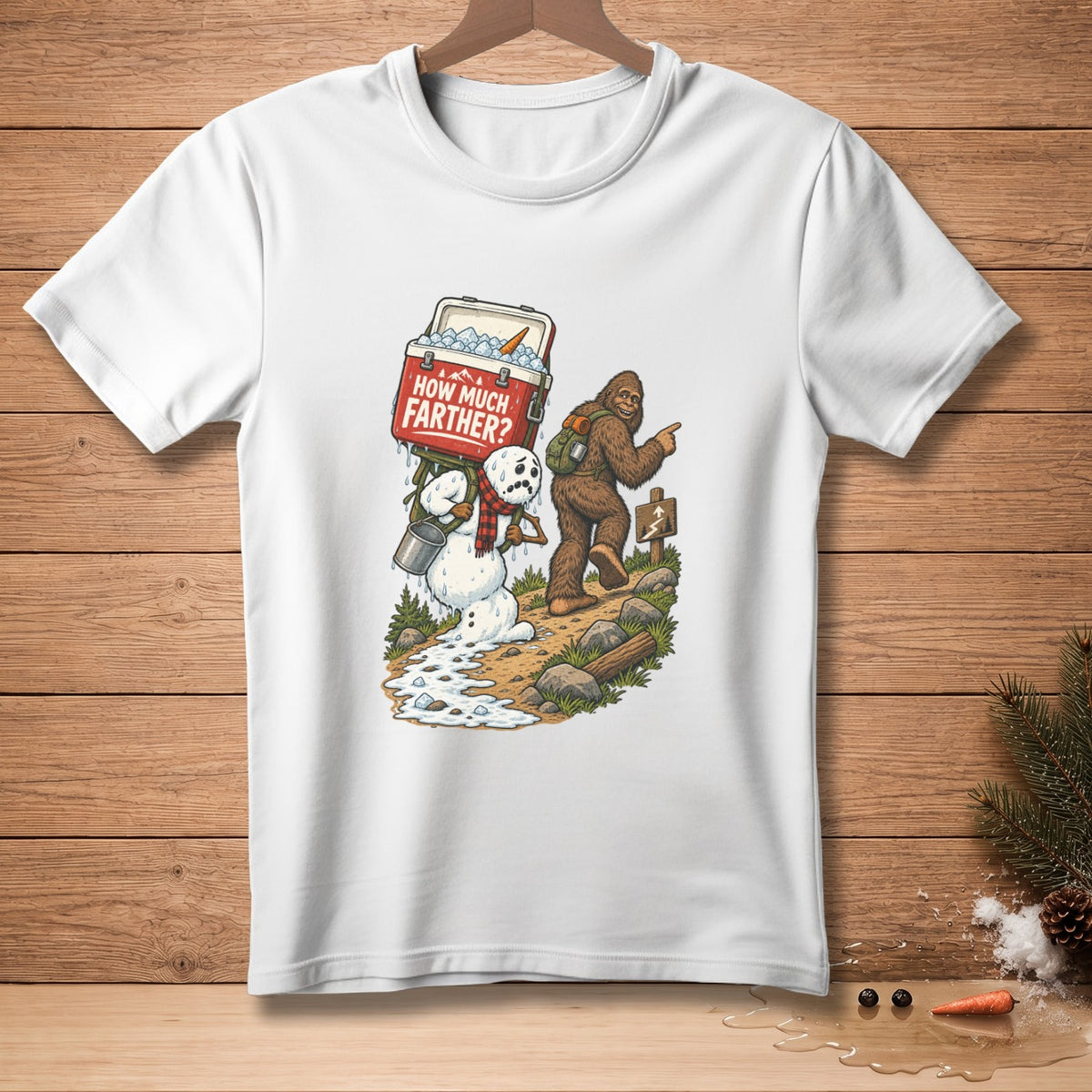 Bigfoot and melting snowman with cooler hike, text "How Much Farther?".