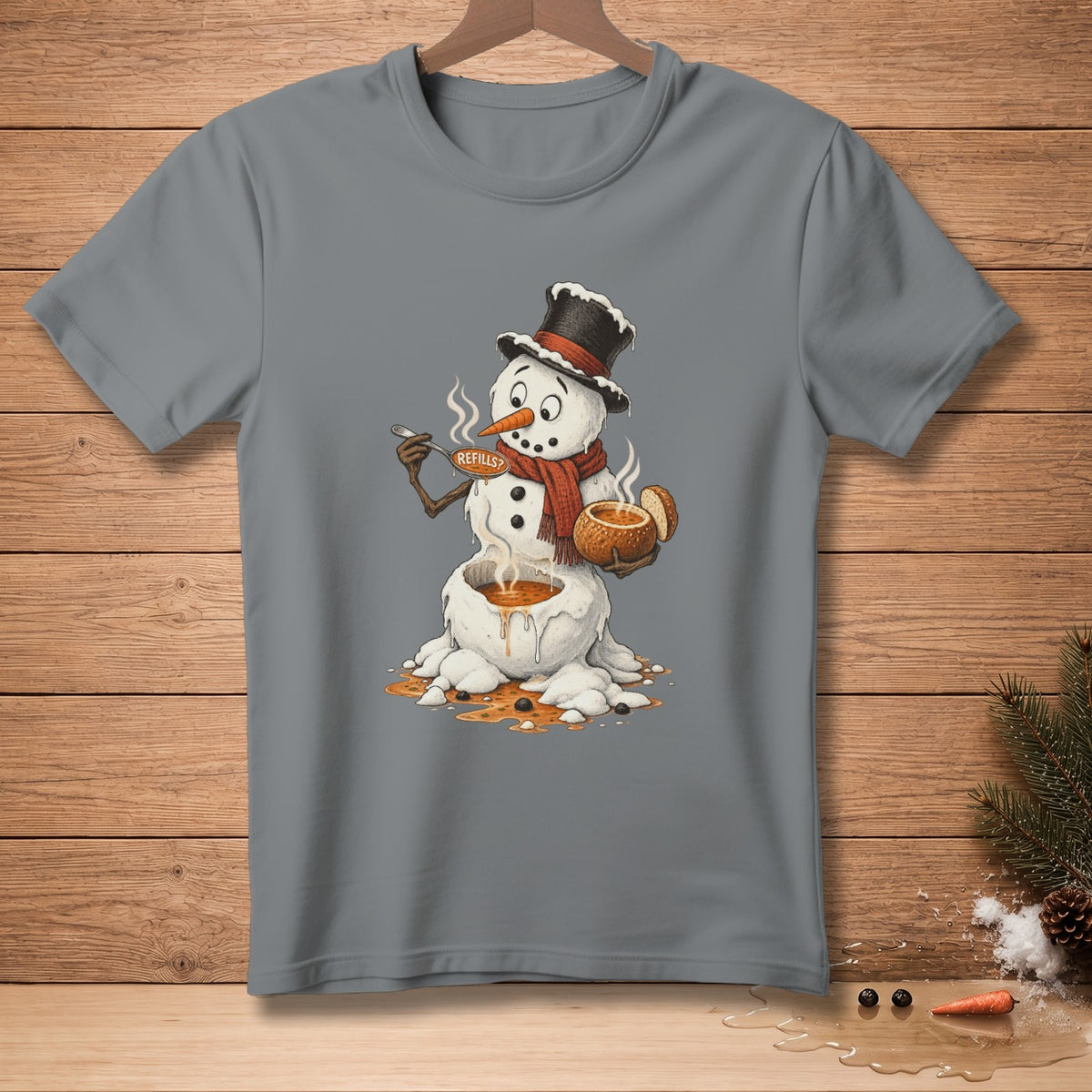 Melting snowman wearing a scarf and hat, holding soup with a spoon that says "Refills?".
