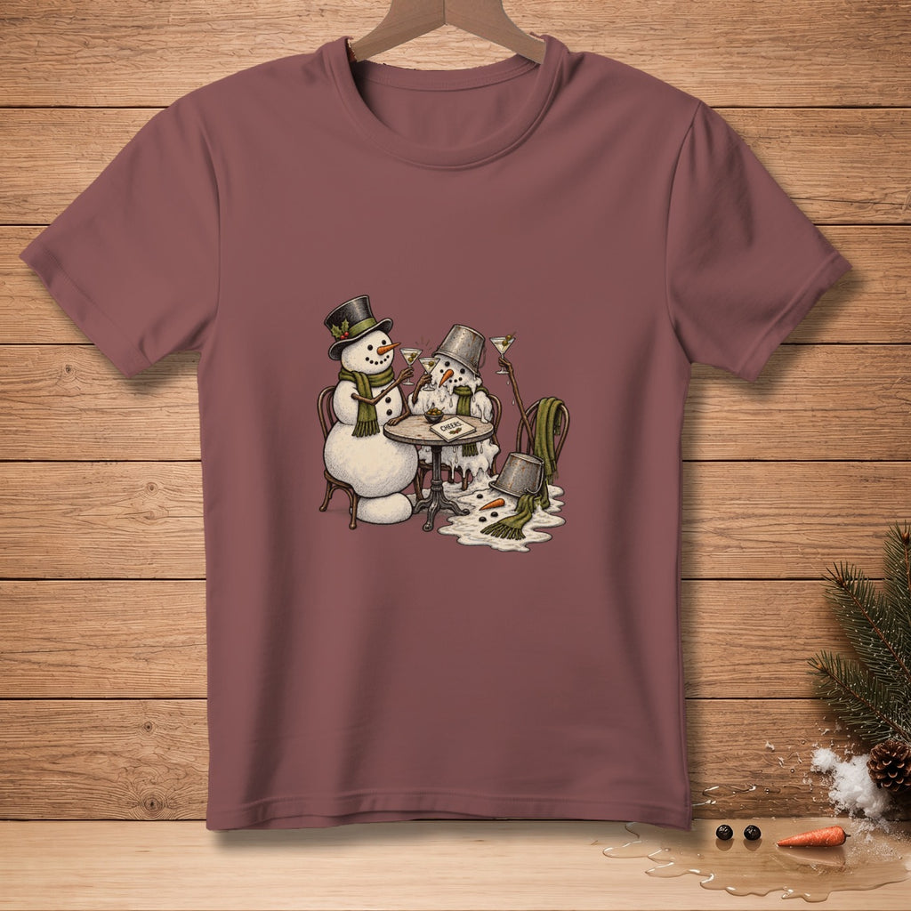 Two melting snowmen at a table with drinks and a bucket, the word "Cheers" visible.
