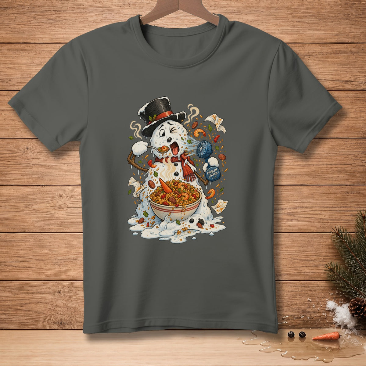 Melting snowman with a bowl of paella, fan, and spoon.
