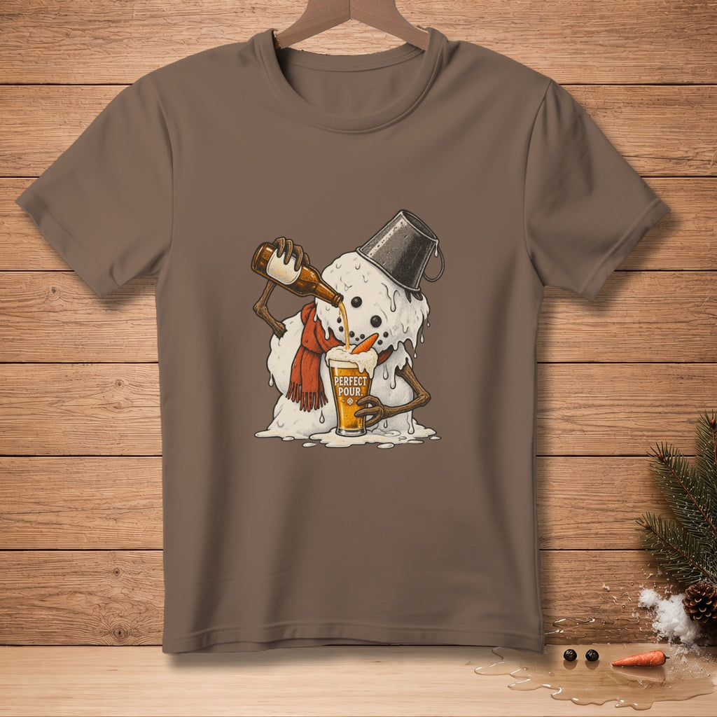 Melting snowman pouring beer into glass that says "Perfect Pour."
