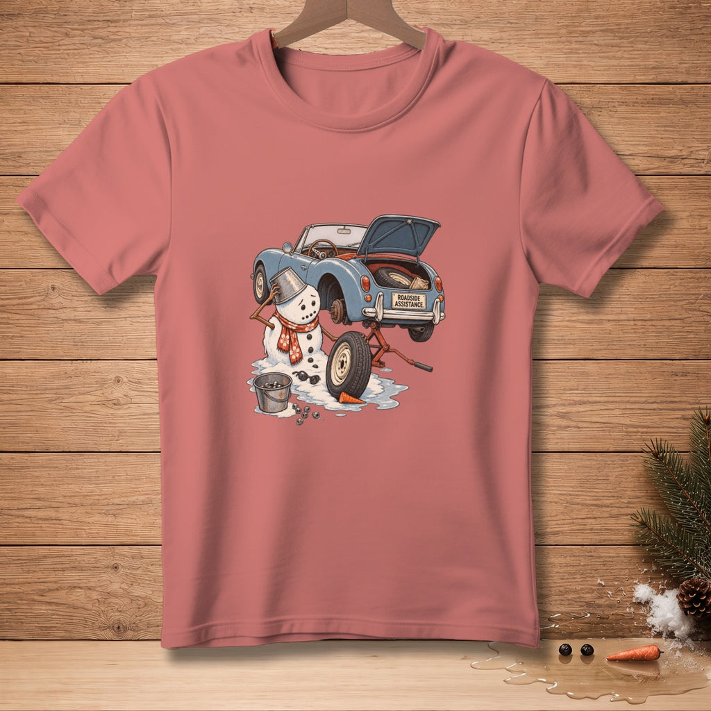 Snowman changing a tire on a blue car with "Roadside Assistance" plate.