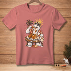 Snowman eating waffles and chicken on a tropical beach, text reads "Messy is a mindset".