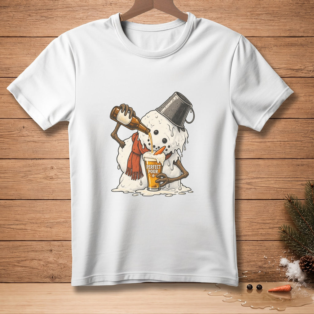 White t-shirt with graphic of a melting snowman pouring beer into a glass labeled "Perfect Pour".