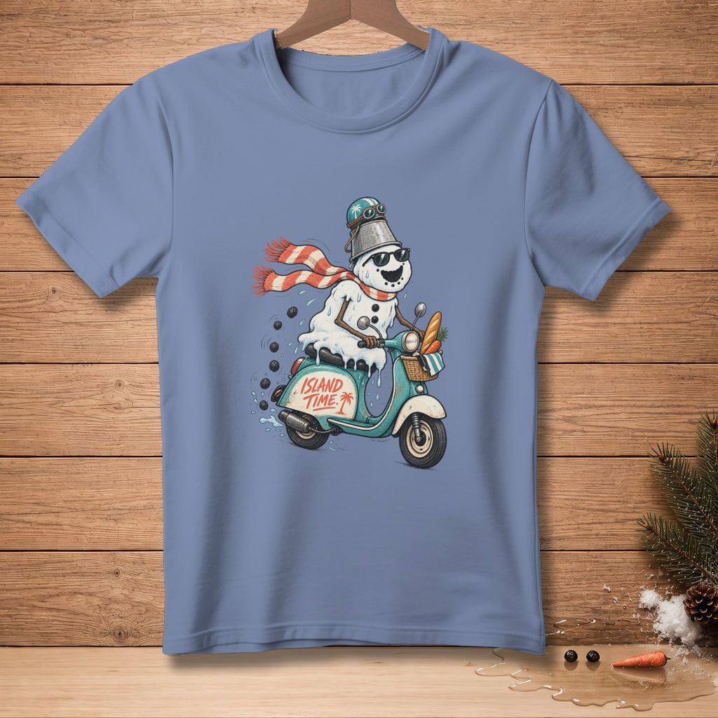 Snowman on a scooter with sunglasses and a bucket hat, text "ISLAND TIME."