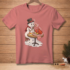 Melting snowman in hat eats lobster at table; text reads "THIS FEELS PERSONAL."