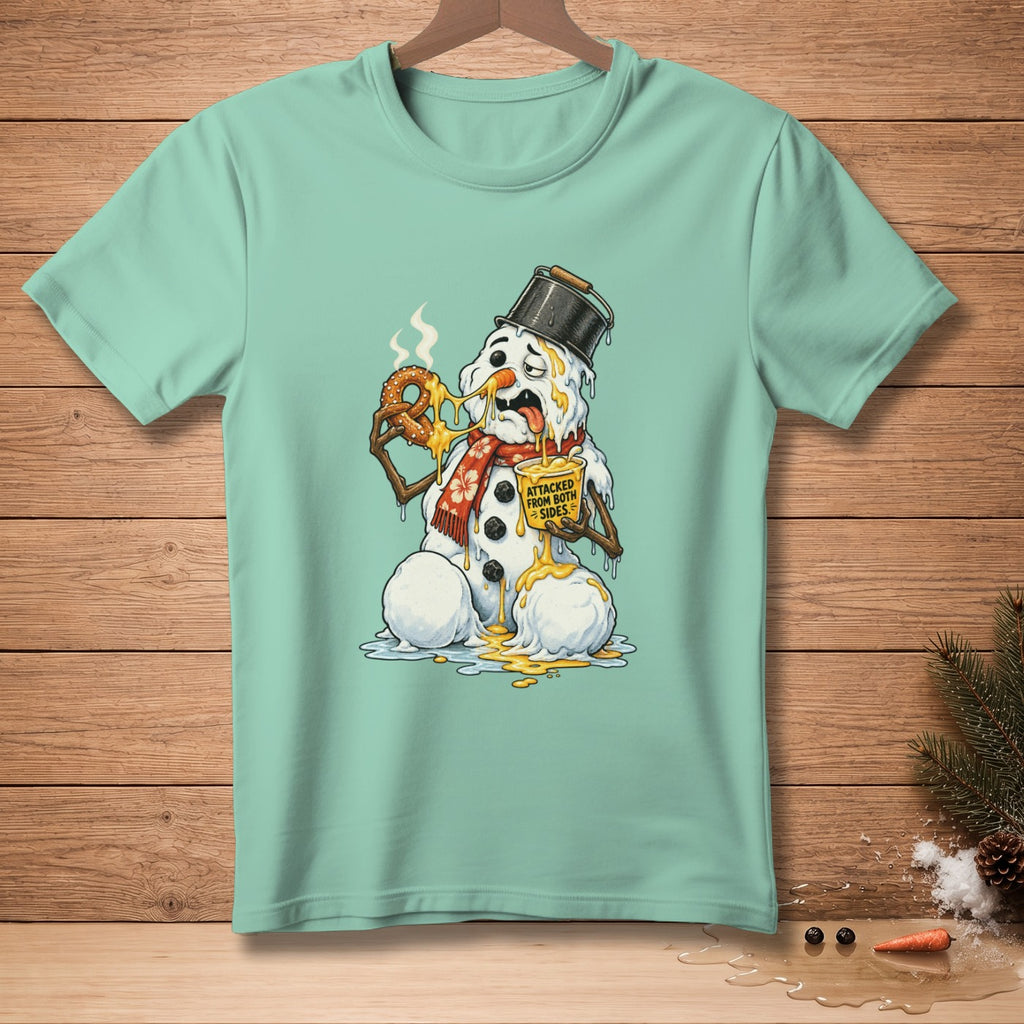 Mint t-shirt with a melting snowman eating a pretzel and dripping cheese.