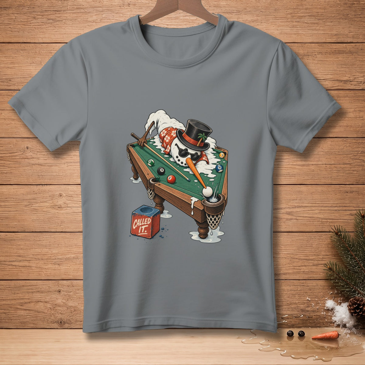 Snowman in top hat playing pool with chalk box that says "Called It."