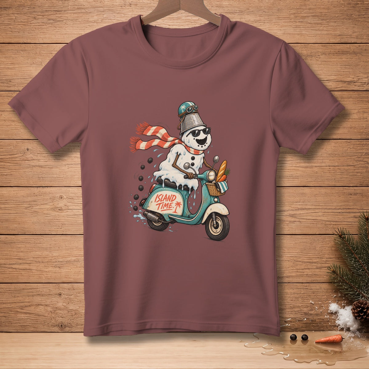 Melting snowman with bucket helmet rides teal scooter with "Island Time" text.