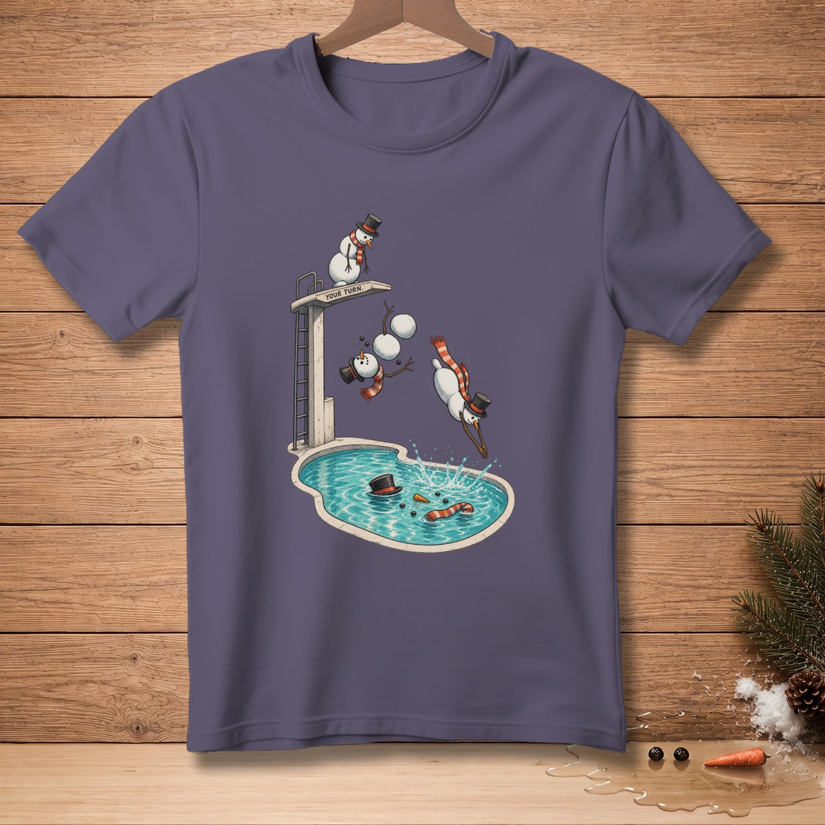 Snowmen diving into a pool with hats and carrots in the water.