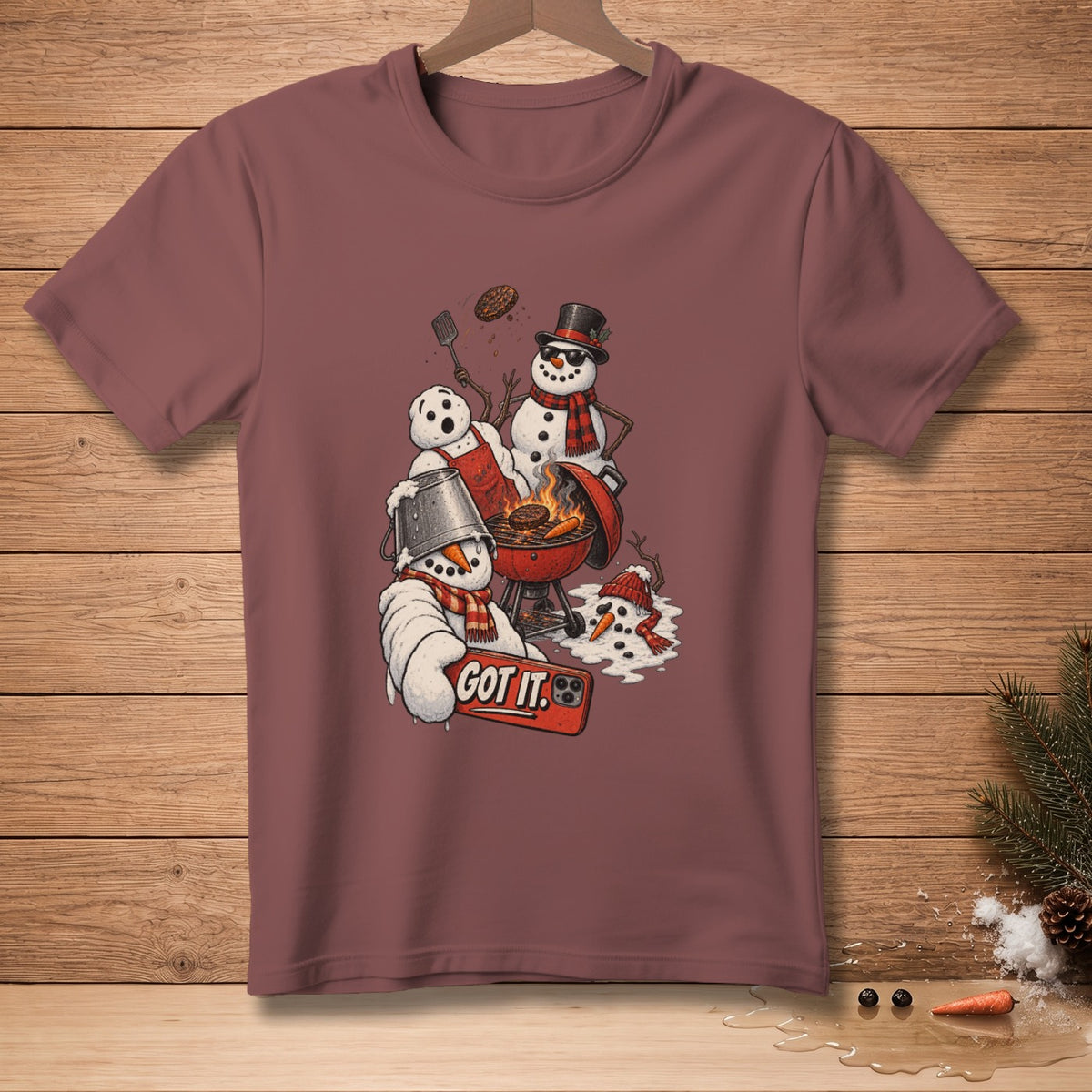 Snowmen grilling with text "GOT IT" on a phone screen.