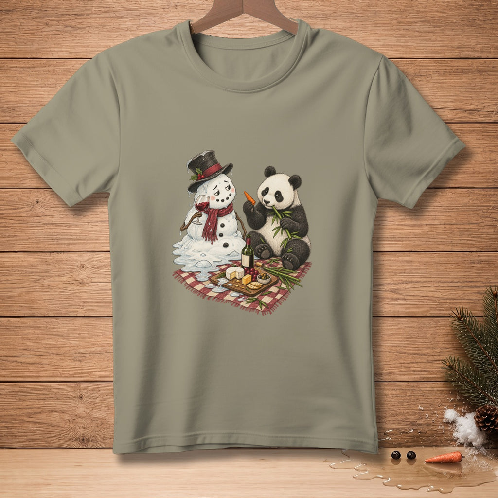 Panda and melting snowman having a picnic with wine, cheese, and carrots.