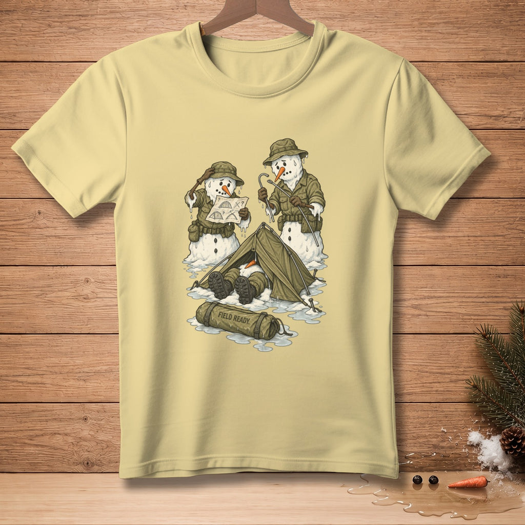 Three snowmen in military gear are camping in a tent with "FIELD READY" printed on a bag.