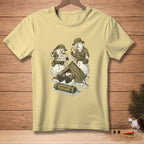 Three snowmen in military gear are camping in a tent with "FIELD READY" printed on a bag.