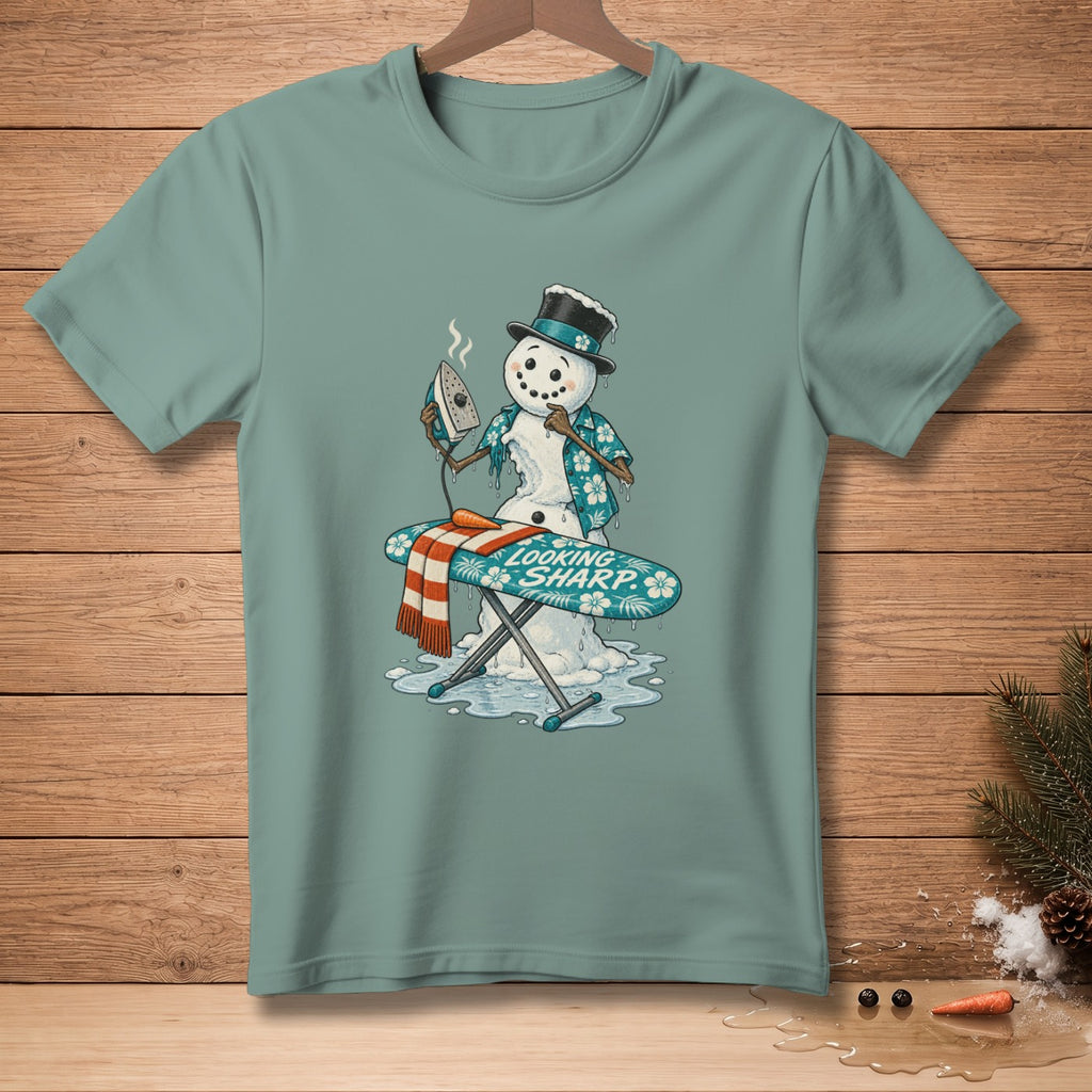Snowman ironing, wearing a Hawaiian shirt, with "LOOKING SHARP" text.