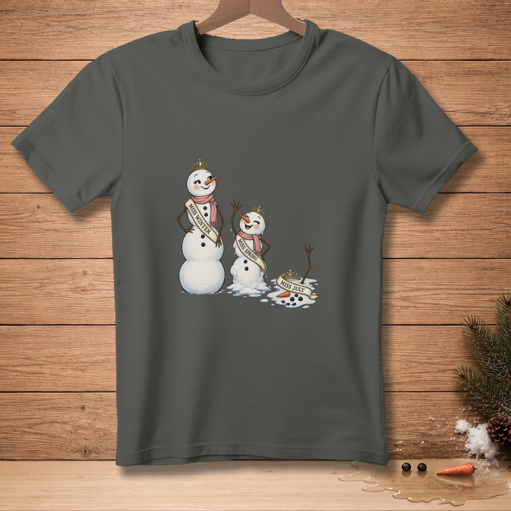 T-shirt graphic: Miss Winter, Miss Spring, and melting Miss July snowmen with crowns.