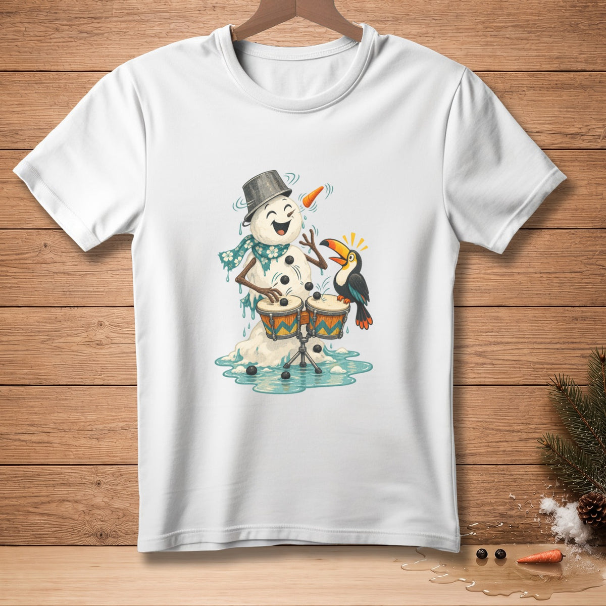 White t-shirt with a cartoon snowman playing bongo drums with a toucan.
