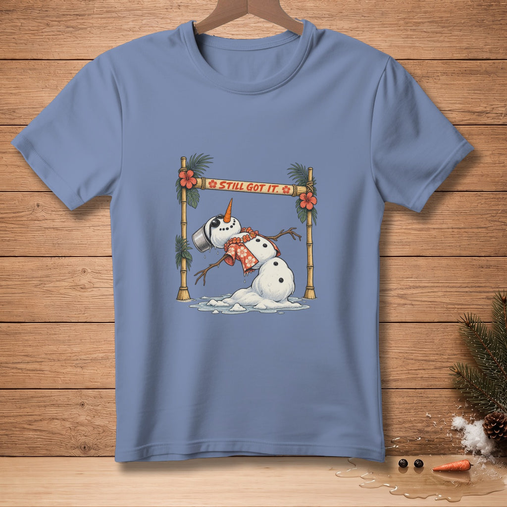 Blue t-shirt with melting snowman graphic and "STILL GOT IT." text.