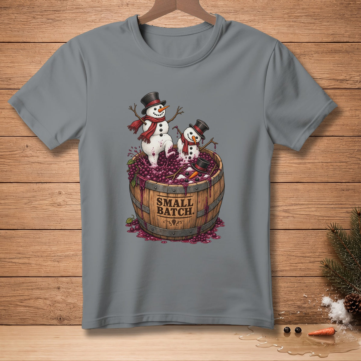 Two snowmen in a barrel of grapes with text that reads "SMALL BATCH".