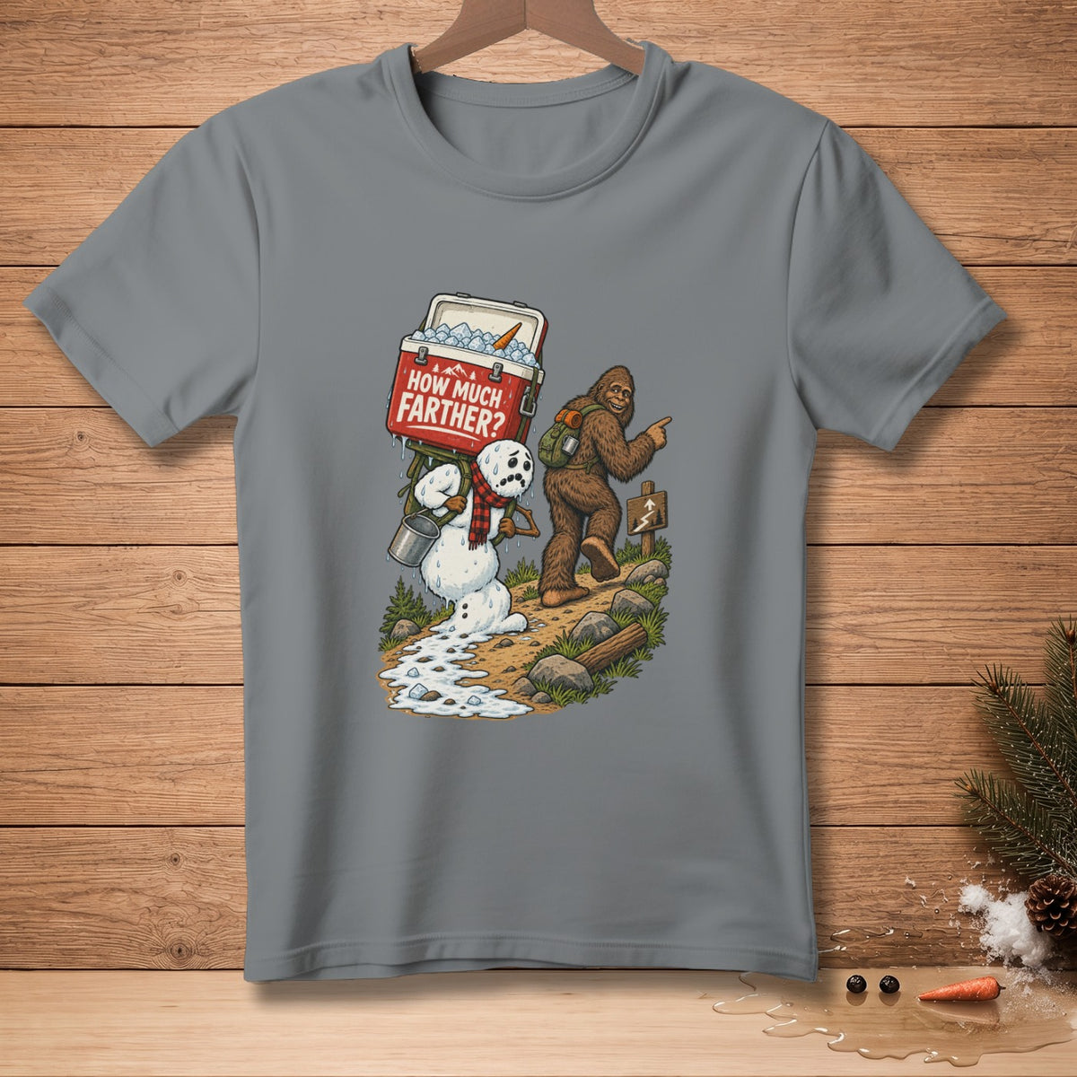 Bigfoot points the way for a melting snowman carrying a cooler that reads "How Much Farther?"