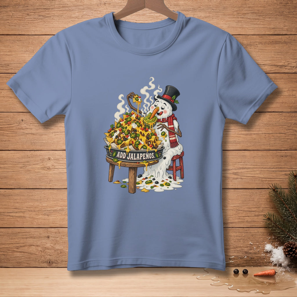 Snowman eating a huge pile of nachos with "Add Jalapenos" text.