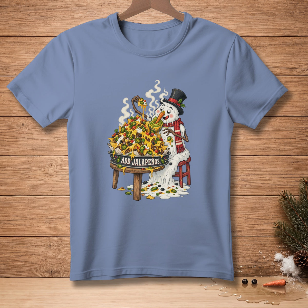Snowman eating a huge pile of nachos with "Add Jalapenos" text.