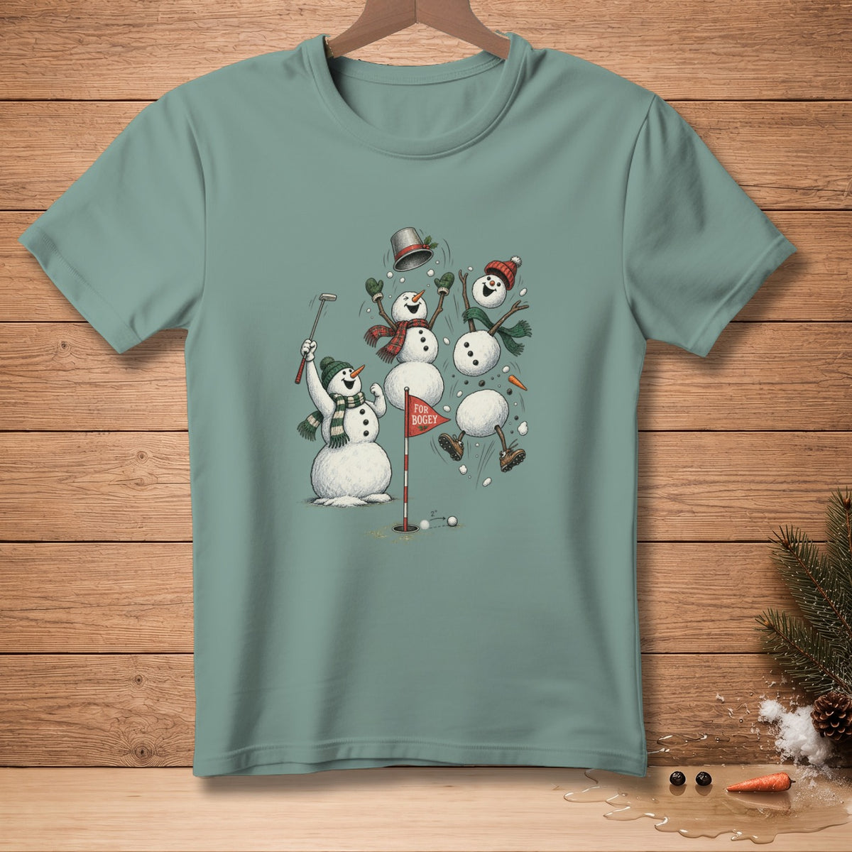 T-shirt with cartoon snowmen playing golf and a flag reading "FOR BOGEY".