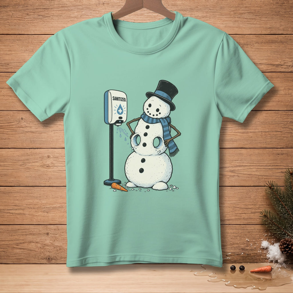 Snowman wearing a hat and scarf sanitizing hands with a dispenser, carrot nose.