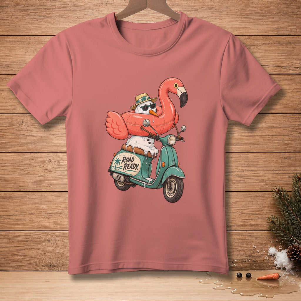 Snowman with flamingo float rides scooter with "Road Ready" text.