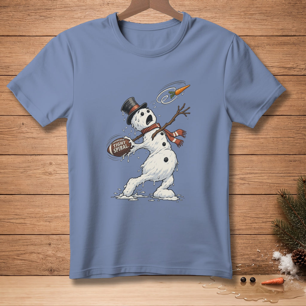 Melting snowman in top hat throwing football that says "Tight Spiral."