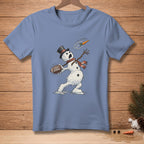 Melting snowman in top hat throwing football that says "Tight Spiral."
