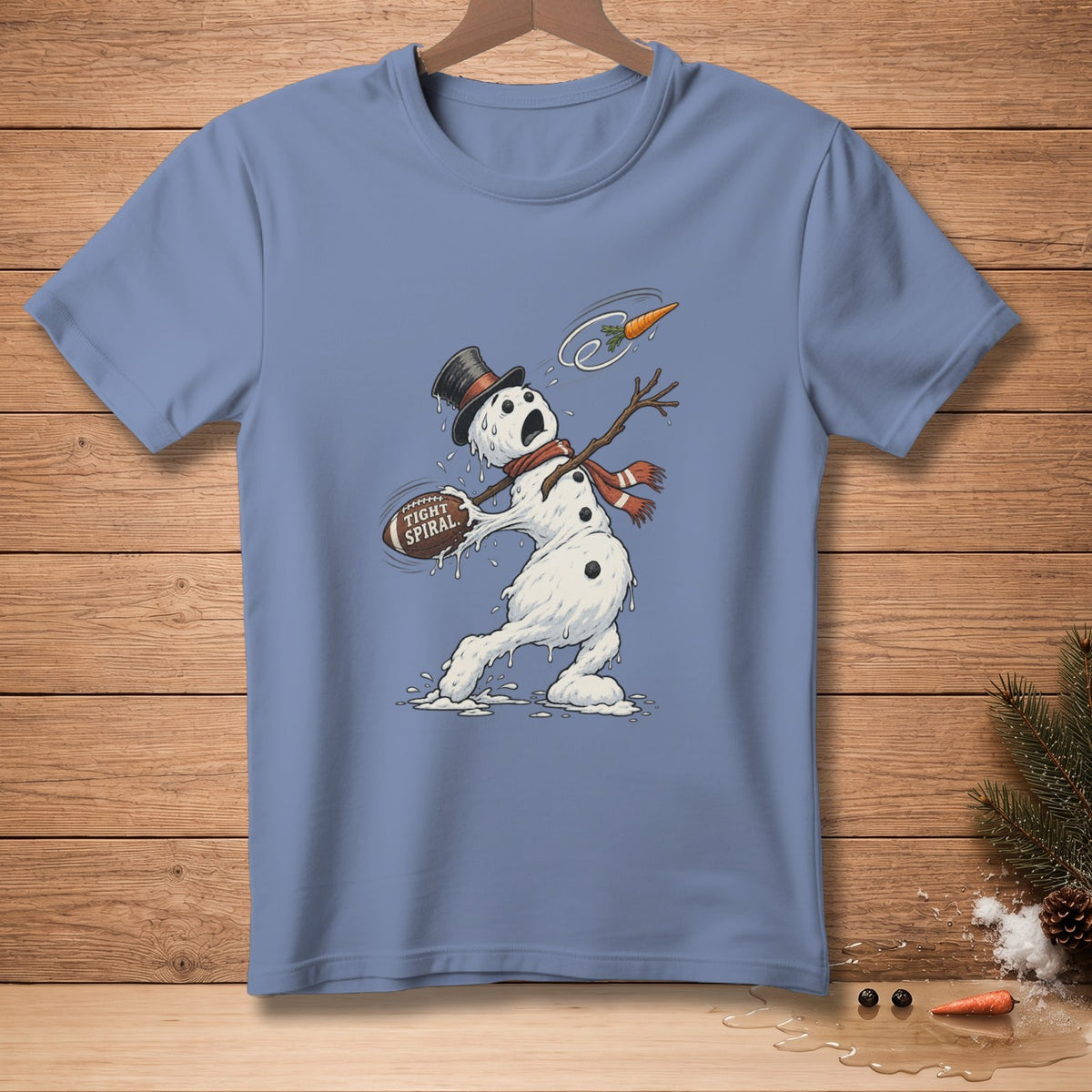 Melting snowman in top hat throwing football that says "Tight Spiral."