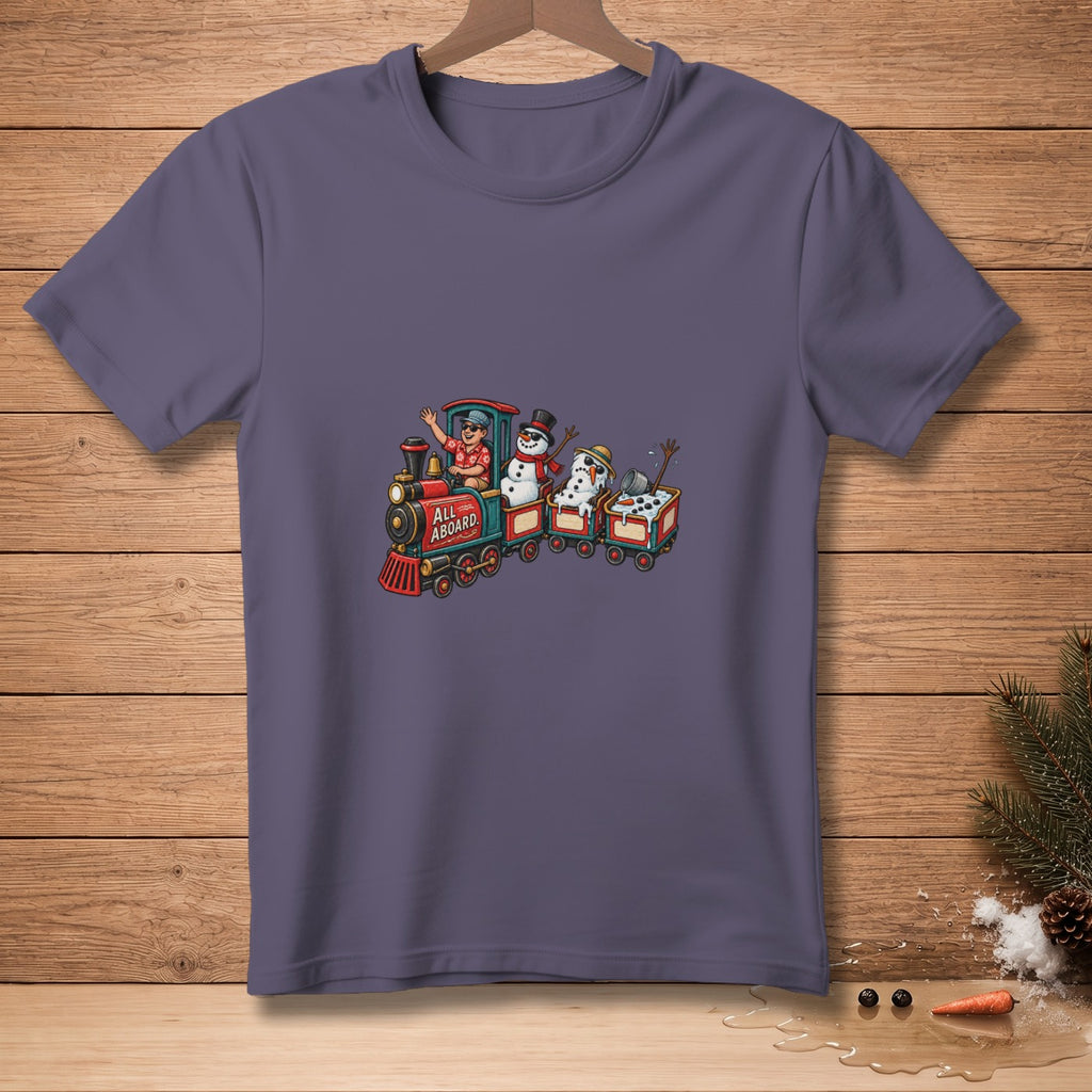 T-shirt graphic of a train with snowmen, reading "ALL ABOARD."