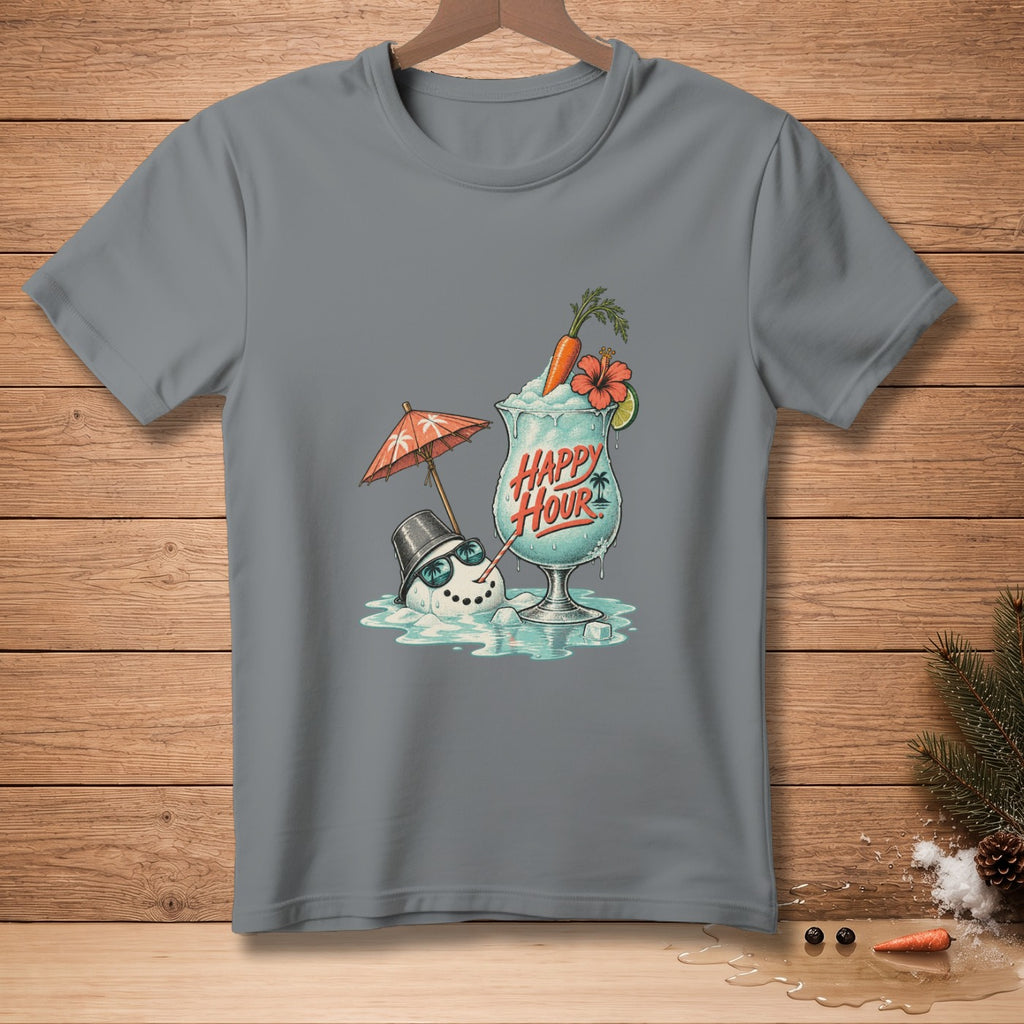 Snowman melting in drink with "Happy Hour" text, summer theme.
