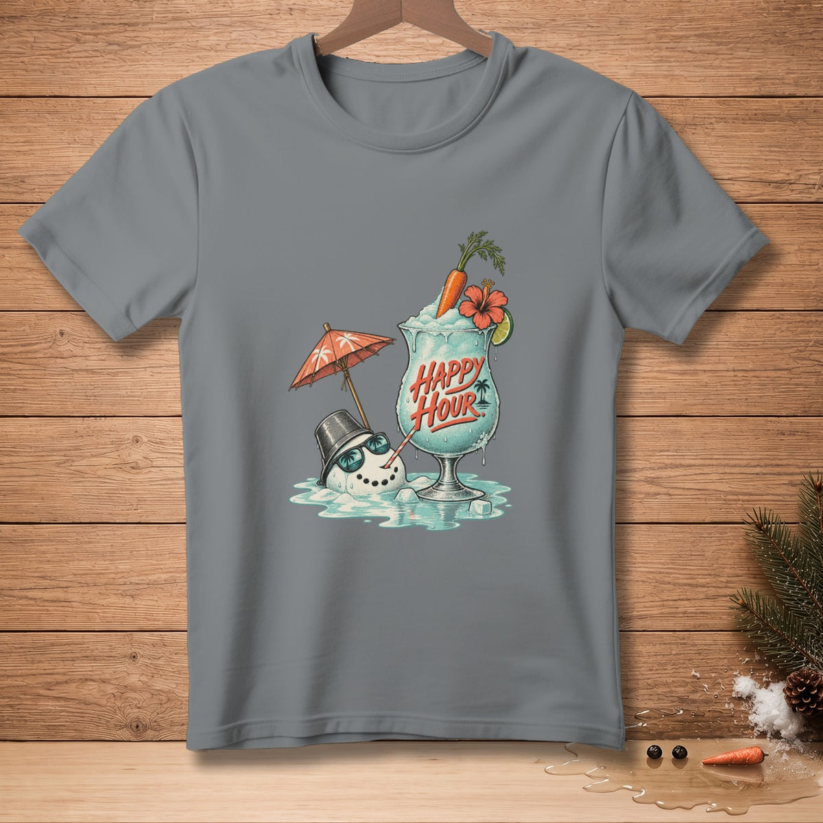 Snowman melting in drink with "Happy Hour" text, summer theme.