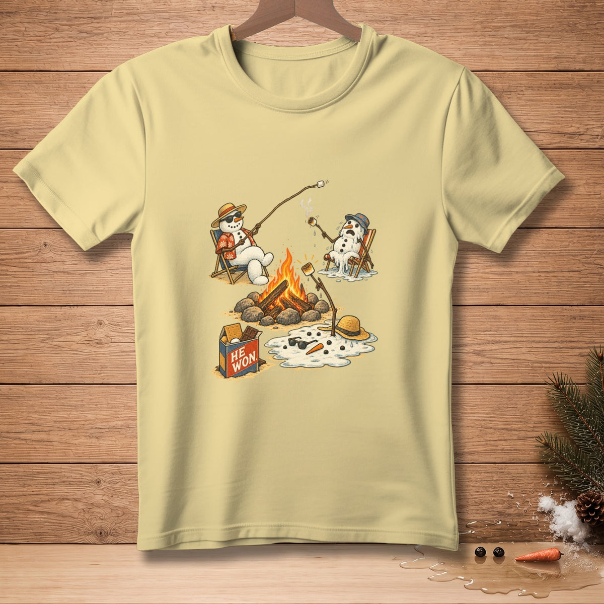 Cartoon snowmen roasting marshmallows by a campfire, one melting, with "HE WON" box.