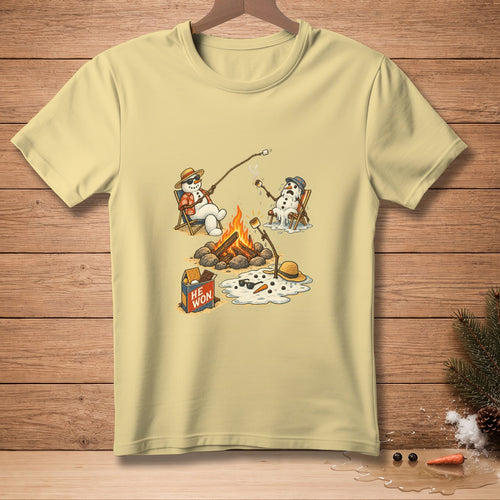 Cartoon snowmen roasting marshmallows by a campfire, one melting, with "HE WON" box.