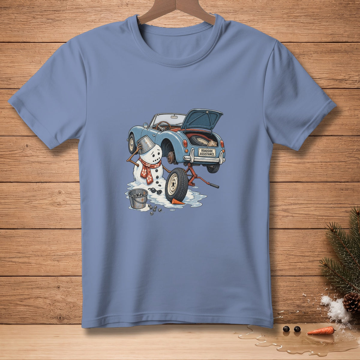 Snowman changing tire on blue convertible with "Roadside Assistance" tag.