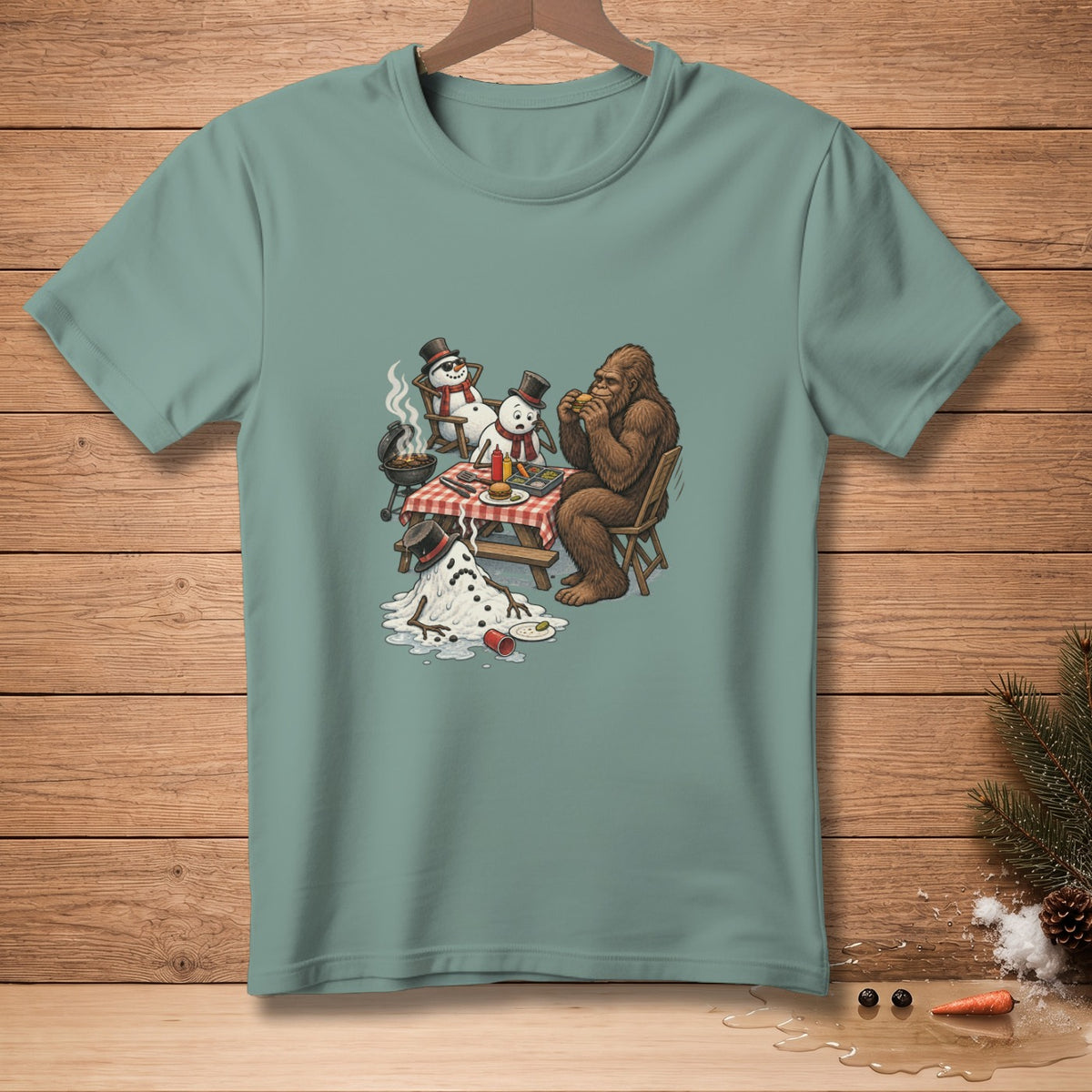 Bigfoot and melting snowmen enjoy a picnic with a grill.