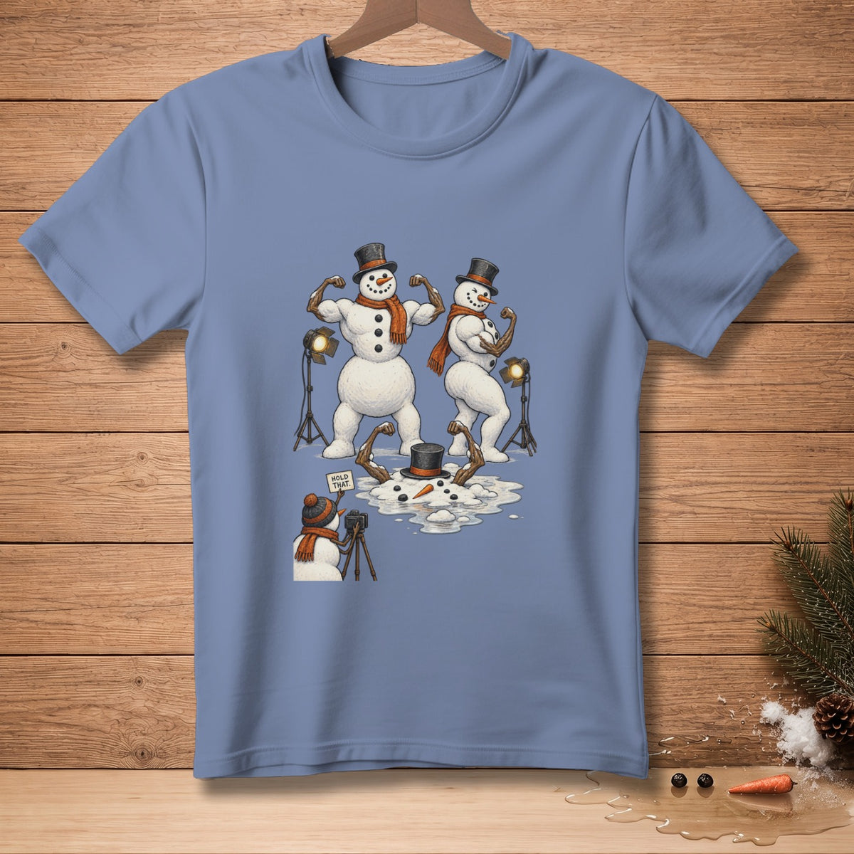 Two muscular snowmen posing for a camera held by a third snowman.