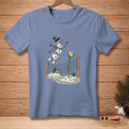 Snowmen playing volleyball over a net with a sandy beach background.
