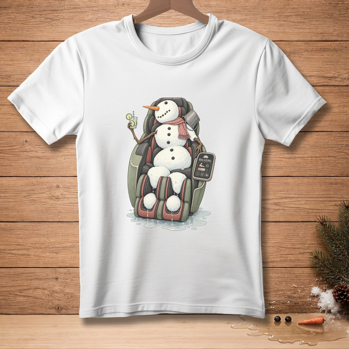 Snowman in massage chair holding drink with "Relaxing" sign.