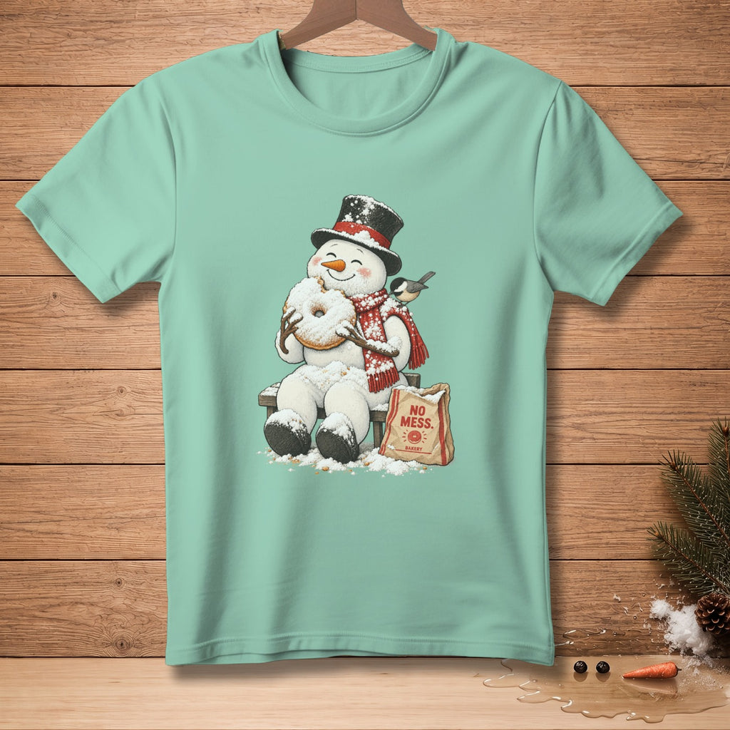 Snowman in top hat and scarf eating a donut, with "No Mess Bakery" bag.