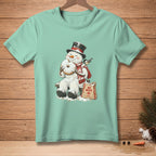Snowman in top hat and scarf eating a donut, with "No Mess Bakery" bag.