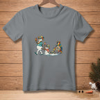 Melting snowmen in Hawaiian shirts and hats walk with a parrot holding a sign saying "Don't Break the Chain".
